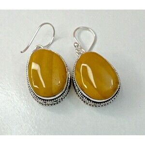 New 925 Silver Mookaite Jasper Hook Dangle Earrings Oval Cabochon 1” Drop